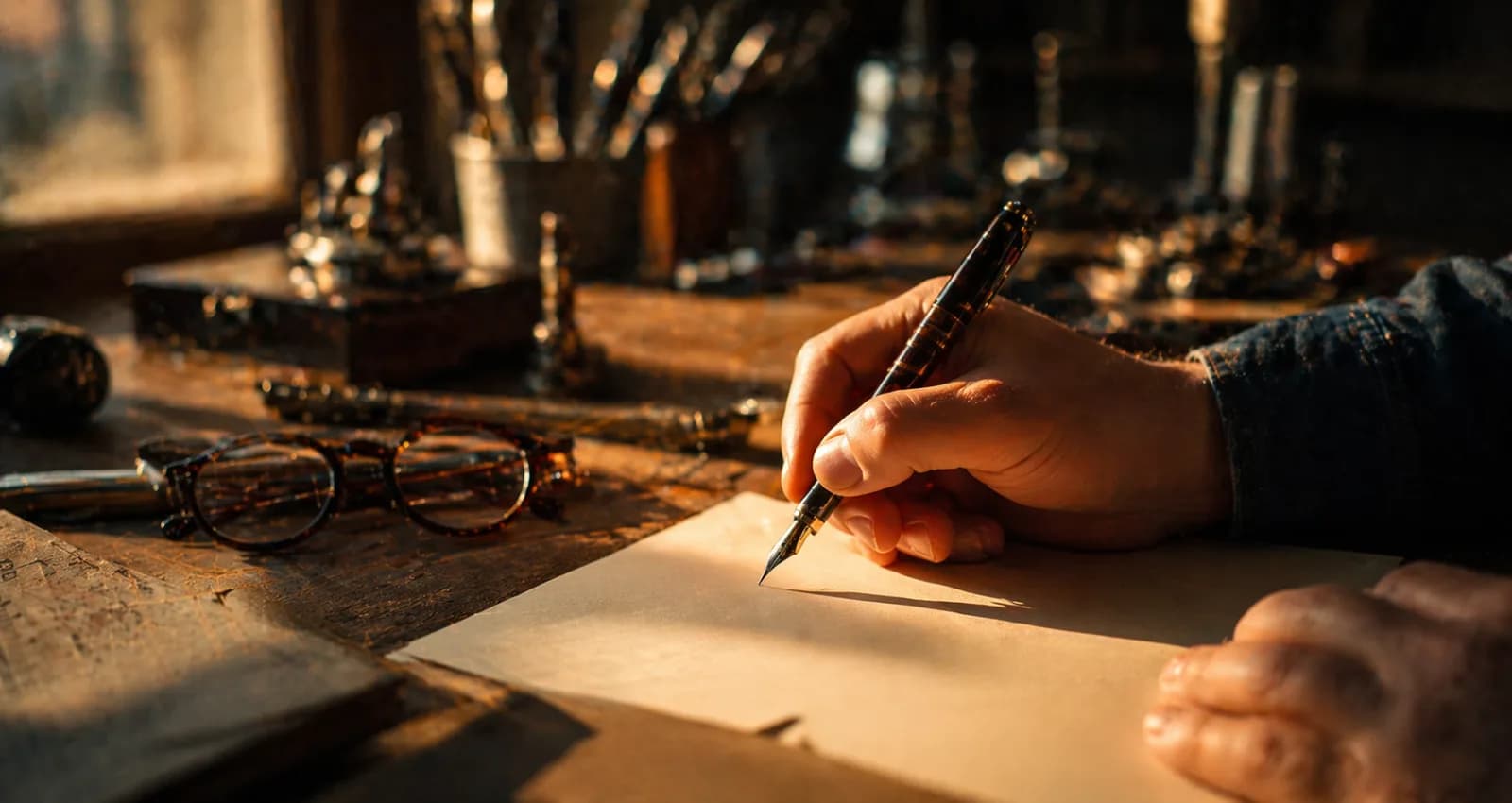 Main écrivant au stylo-plume sur un bureau d'atelier en bois, lunettes et outils en arrière-plan